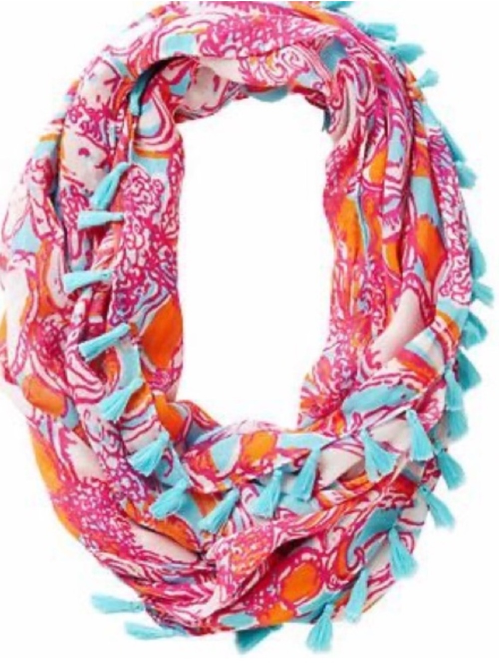 Lilly Pulitzer “Feeling Tanked” Infinity Scarf with Tassels Pink Blue Orange